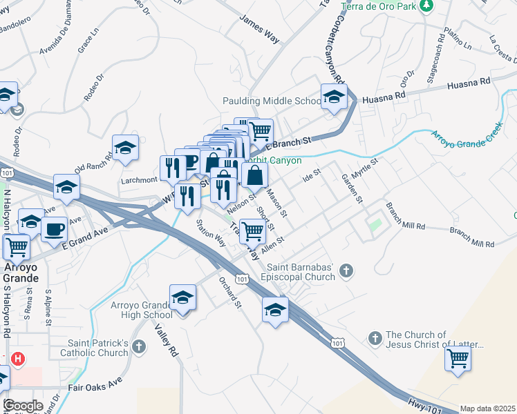 map of restaurants, bars, coffee shops, grocery stores, and more near 208 Nelson Street in Arroyo Grande