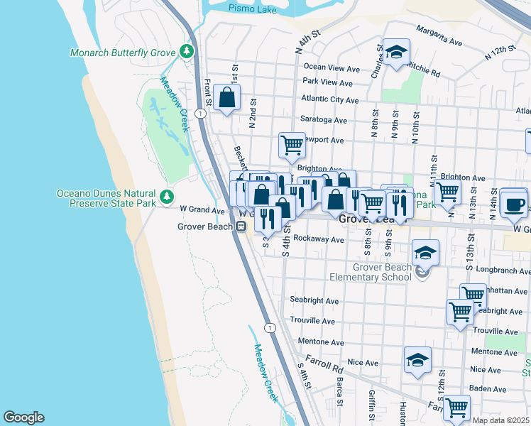 map of restaurants, bars, coffee shops, grocery stores, and more near 140 North 2nd Street in Grover Beach