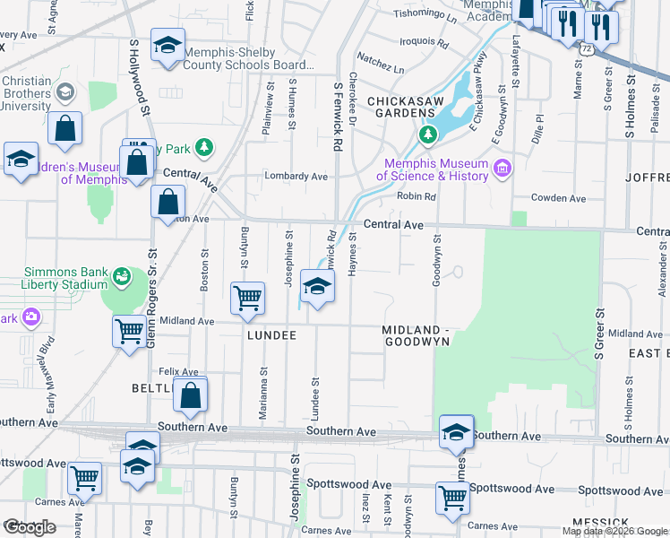 map of restaurants, bars, coffee shops, grocery stores, and more near 346 South Fenwick Road in Memphis