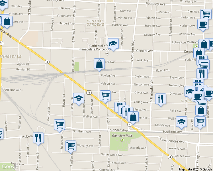 map of restaurants, bars, coffee shops, grocery stores, and more near 1682 Nelson Avenue in Memphis