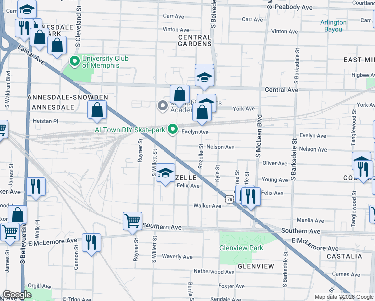 map of restaurants, bars, coffee shops, grocery stores, and more near 1638 Nelson Avenue in Memphis