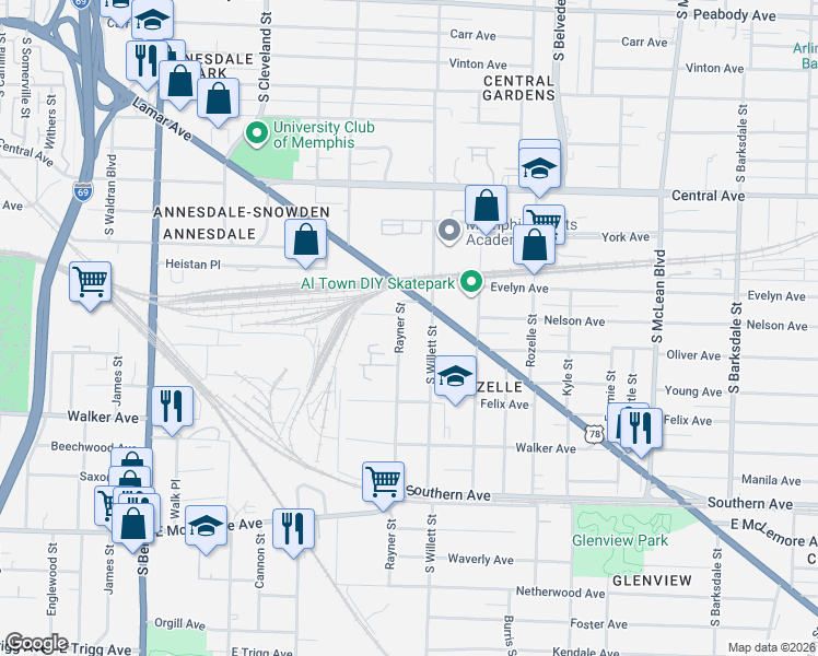 map of restaurants, bars, coffee shops, grocery stores, and more near 859 Rayner Street in Memphis
