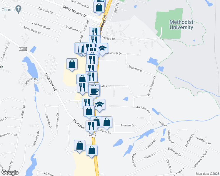 map of restaurants, bars, coffee shops, grocery stores, and more near 124 Oates Drive in Fayetteville