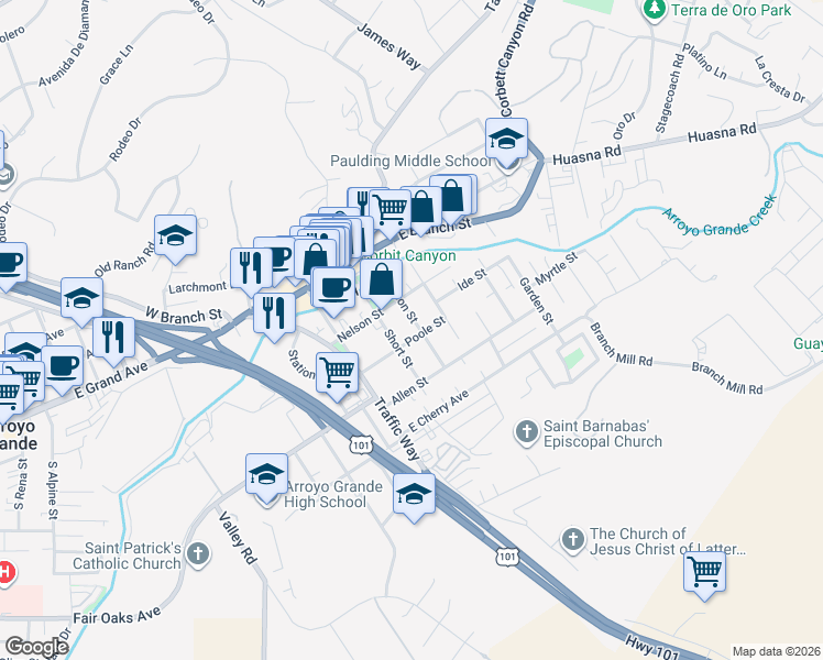 map of restaurants, bars, coffee shops, grocery stores, and more near 219 South Mason Street in Arroyo Grande