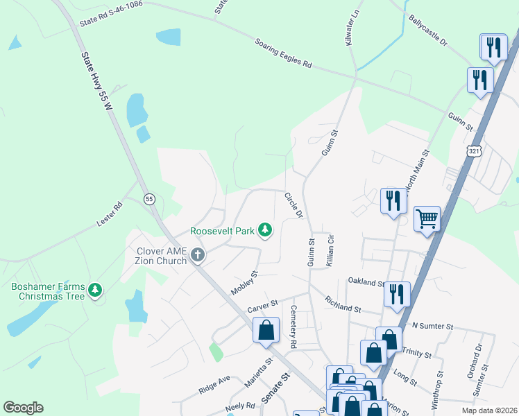 map of restaurants, bars, coffee shops, grocery stores, and more near 304 Zion Church Road in Clover