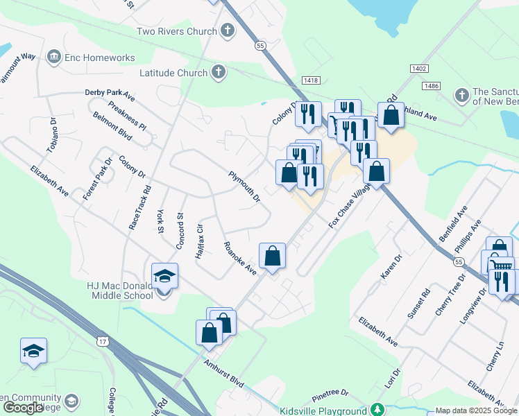 map of restaurants, bars, coffee shops, grocery stores, and more near 1000 Albemarle Court in New Bern