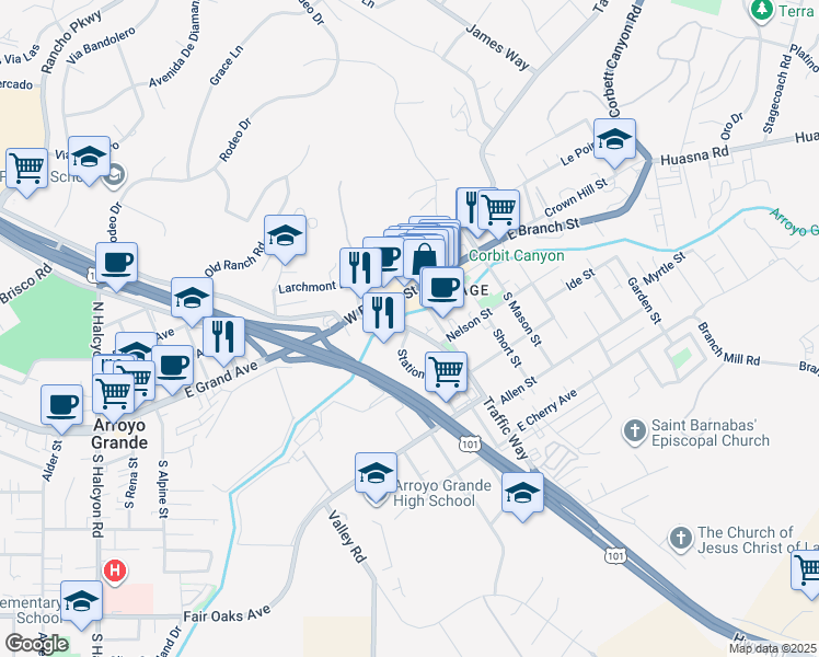 map of restaurants, bars, coffee shops, grocery stores, and more near 2 Station Way in Arroyo Grande