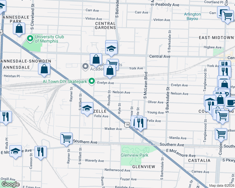 map of restaurants, bars, coffee shops, grocery stores, and more near 1682 Nelson Avenue in Memphis