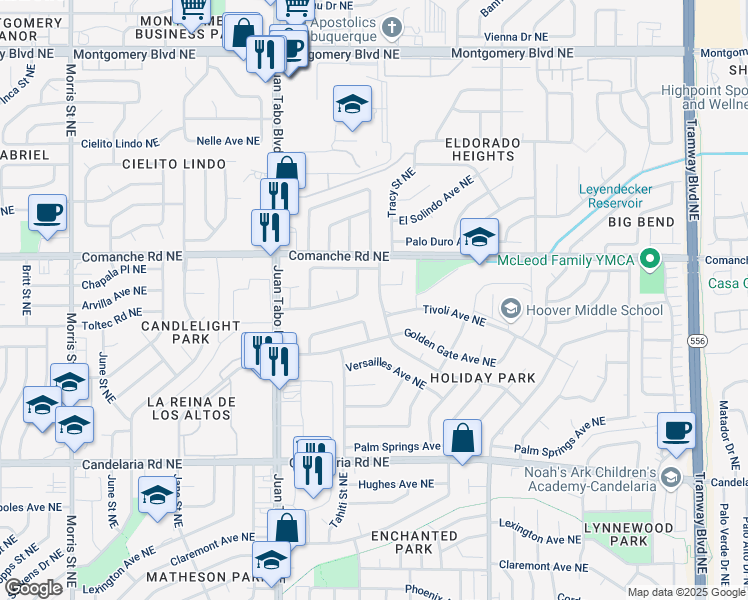 map of restaurants, bars, coffee shops, grocery stores, and more near 11604 Brussels Avenue Northeast in Albuquerque
