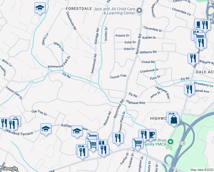 map of restaurants, bars, coffee shops, grocery stores, and more near 1331 Ely Road in Chattanooga