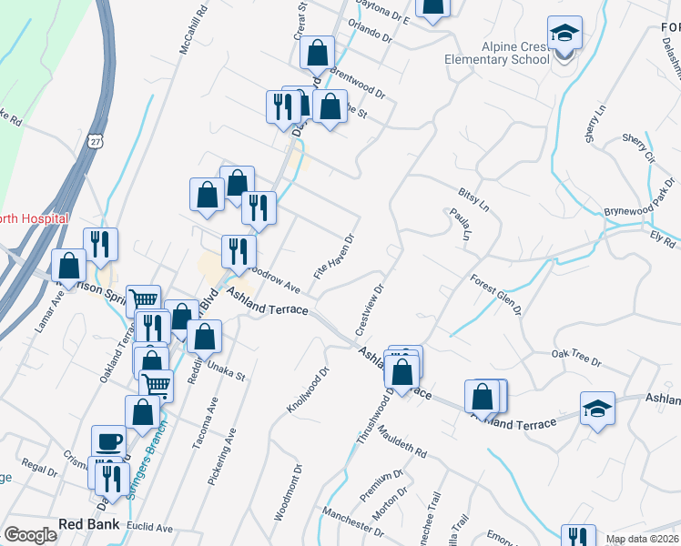 map of restaurants, bars, coffee shops, grocery stores, and more near 4118 Fitehaven Drive in Chattanooga