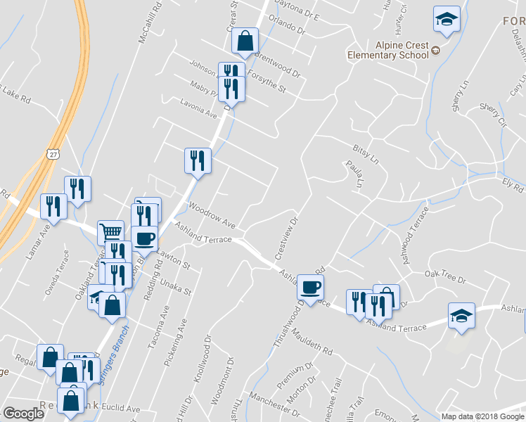 map of restaurants, bars, coffee shops, grocery stores, and more near 4110 Fitehaven Drive in Chattanooga