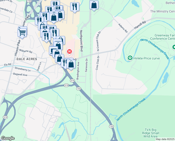 map of restaurants, bars, coffee shops, grocery stores, and more near 4914 Sarasota Drive in Chattanooga