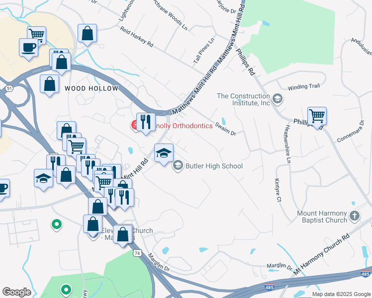 map of restaurants, bars, coffee shops, grocery stores, and more near 1840 Kimway Drive in Matthews