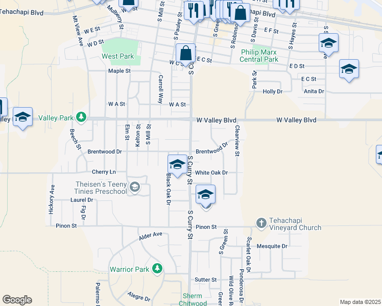 map of restaurants, bars, coffee shops, grocery stores, and more near 112 Brentwood Drive in Tehachapi