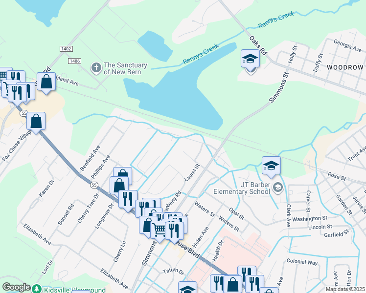 map of restaurants, bars, coffee shops, grocery stores, and more near 2507 North Hills Drive in New Bern