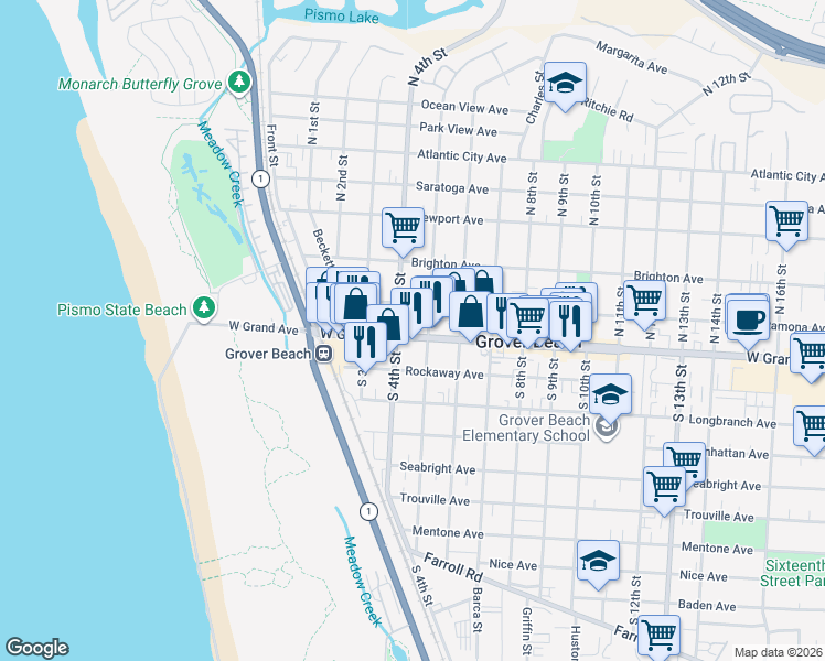 map of restaurants, bars, coffee shops, grocery stores, and more near 451 West Grand Avenue in Grover Beach