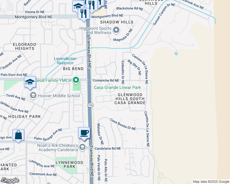 map of restaurants, bars, coffee shops, grocery stores, and more near 99999 Comanche Road Northeast in Albuquerque