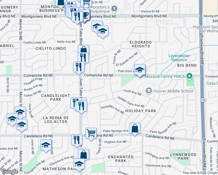 map of restaurants, bars, coffee shops, grocery stores, and more near 11604 Brussels Avenue Northeast in Albuquerque