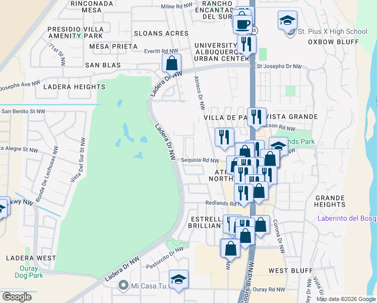 map of restaurants, bars, coffee shops, grocery stores, and more near 6041 Sequoia Road Northwest in Albuquerque