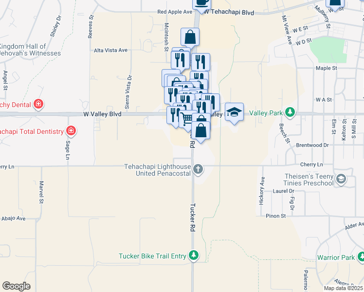 map of restaurants, bars, coffee shops, grocery stores, and more near 841 Tucker Road in Tehachapi