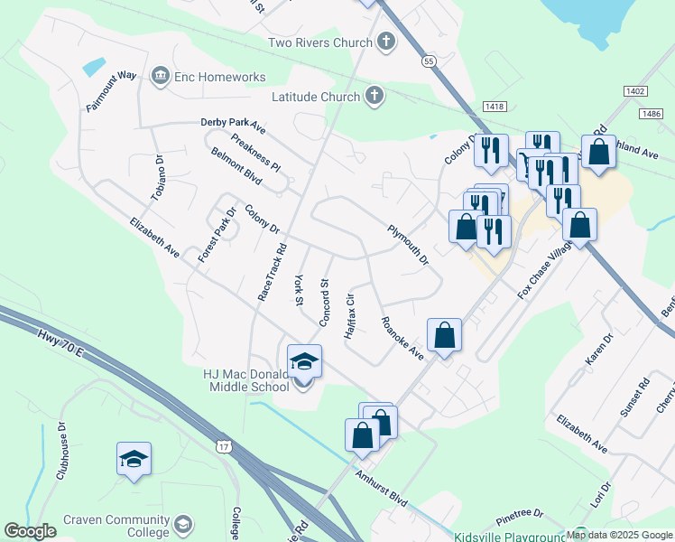 map of restaurants, bars, coffee shops, grocery stores, and more near 1624 Concord Street in New Bern