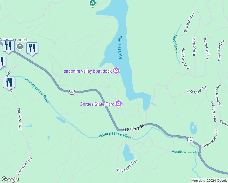 map of restaurants, bars, coffee shops, grocery stores, and more near 125 Overlook Road in Sapphire