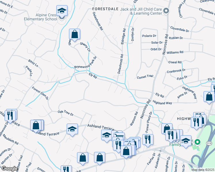 map of restaurants, bars, coffee shops, grocery stores, and more near 1113 Ely Road in Chattanooga