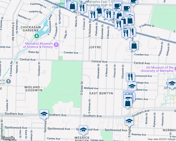 map of restaurants, bars, coffee shops, grocery stores, and more near 3245 Central Avenue in Memphis