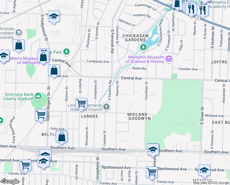 map of restaurants, bars, coffee shops, grocery stores, and more near 346 South Fenwick Road in Memphis
