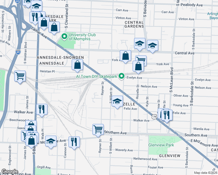 map of restaurants, bars, coffee shops, grocery stores, and more near in Memphis