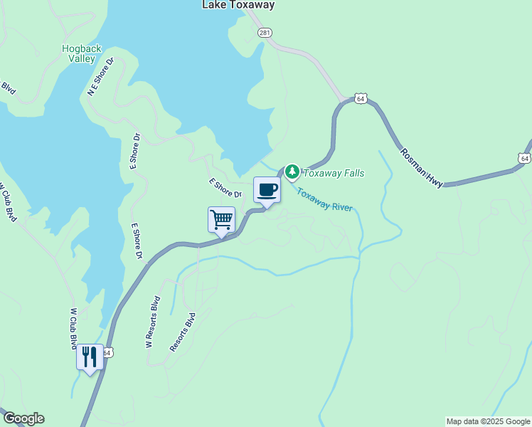 map of restaurants, bars, coffee shops, grocery stores, and more near 48 Toxaway Church Road in Lake Toxaway