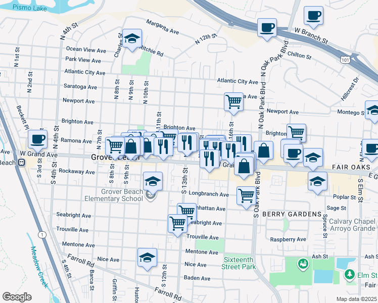 map of restaurants, bars, coffee shops, grocery stores, and more near 172 North 13th Street in Grover Beach