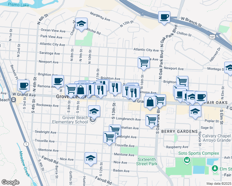 map of restaurants, bars, coffee shops, grocery stores, and more near 172 North 13th Street in Grover Beach