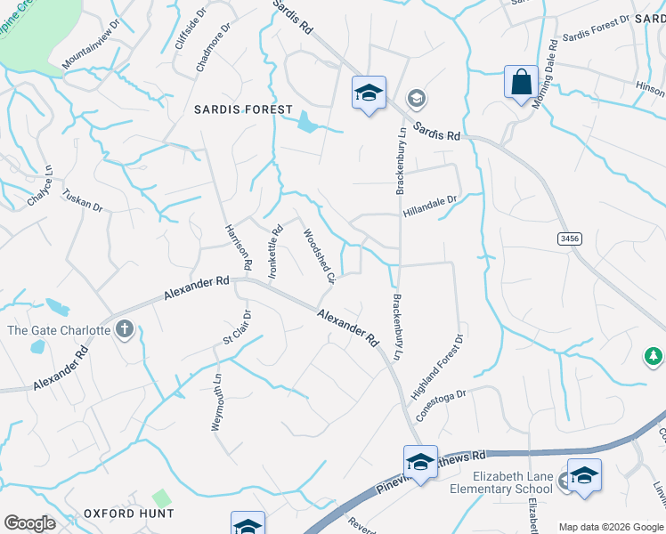 map of restaurants, bars, coffee shops, grocery stores, and more near 6619 Woodshed Circle in Charlotte