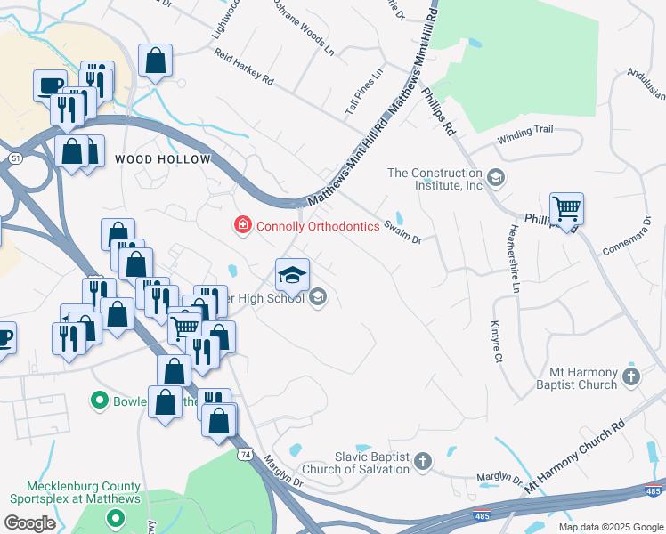 map of restaurants, bars, coffee shops, grocery stores, and more near in Matthews