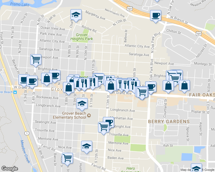 map of restaurants, bars, coffee shops, grocery stores, and more near 171 North 13th Street in Grover Beach