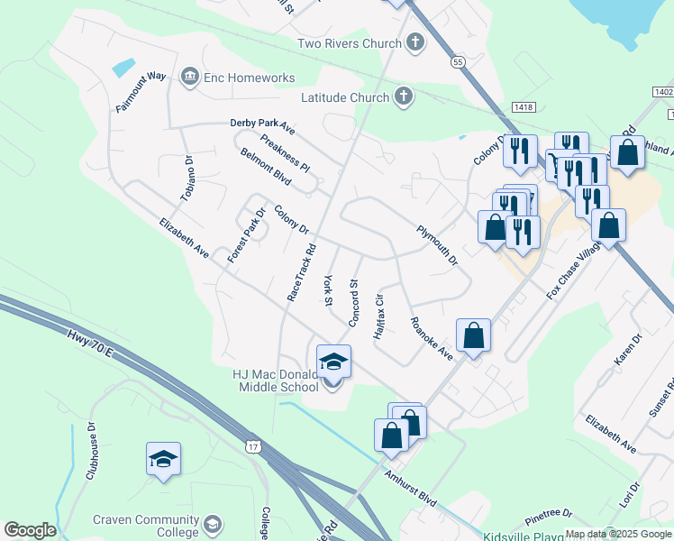 map of restaurants, bars, coffee shops, grocery stores, and more near 1616 York Street in New Bern