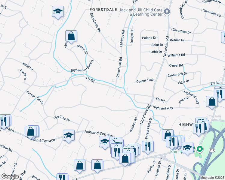 map of restaurants, bars, coffee shops, grocery stores, and more near 958 Ely Road in Chattanooga