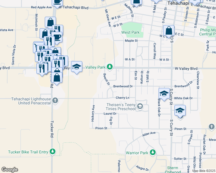 map of restaurants, bars, coffee shops, grocery stores, and more near 823 Beech Street in Tehachapi