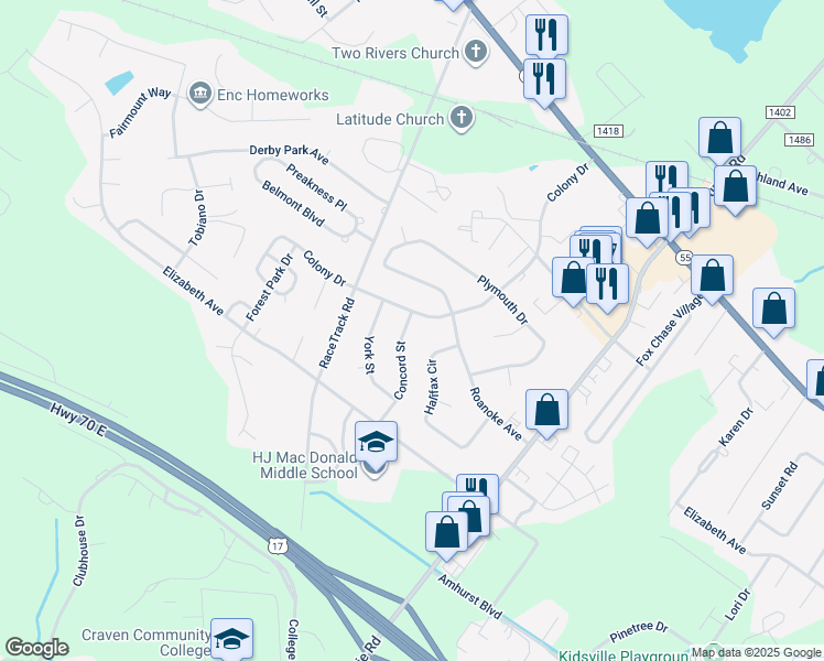 map of restaurants, bars, coffee shops, grocery stores, and more near 1624 Concord Street in New Bern