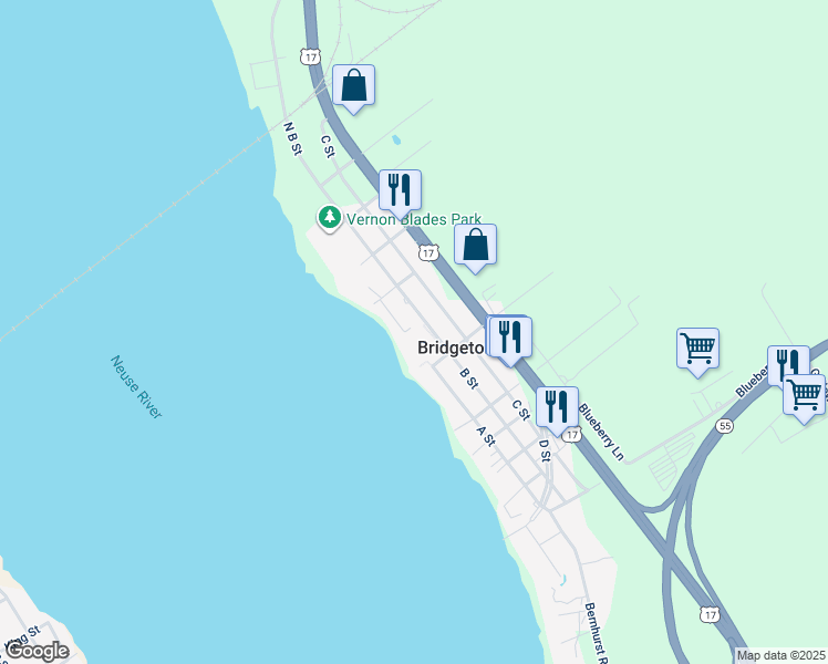 map of restaurants, bars, coffee shops, grocery stores, and more near 25 Eastern Shore Townhouses in New Bern