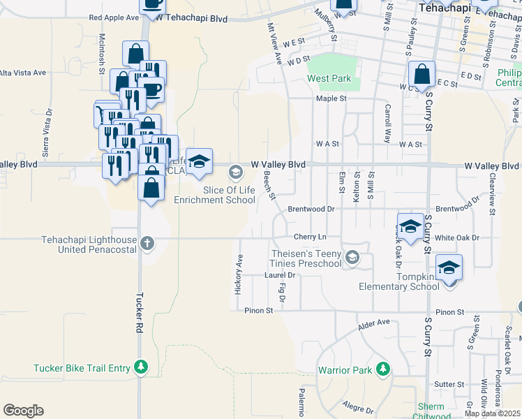 map of restaurants, bars, coffee shops, grocery stores, and more near 910 Golden West Court in Tehachapi