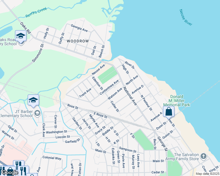 map of restaurants, bars, coffee shops, grocery stores, and more near 507 Contentnea Avenue in New Bern