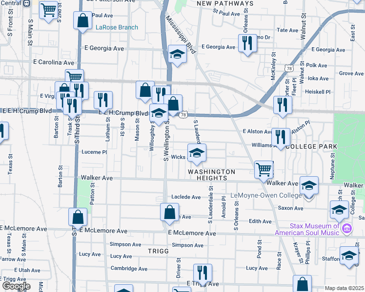 map of restaurants, bars, coffee shops, grocery stores, and more near 504 Williams Avenue in Memphis