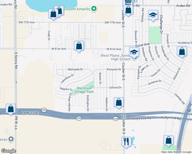 map of restaurants, bars, coffee shops, grocery stores, and more near 8409 Cortona Drive in Amarillo