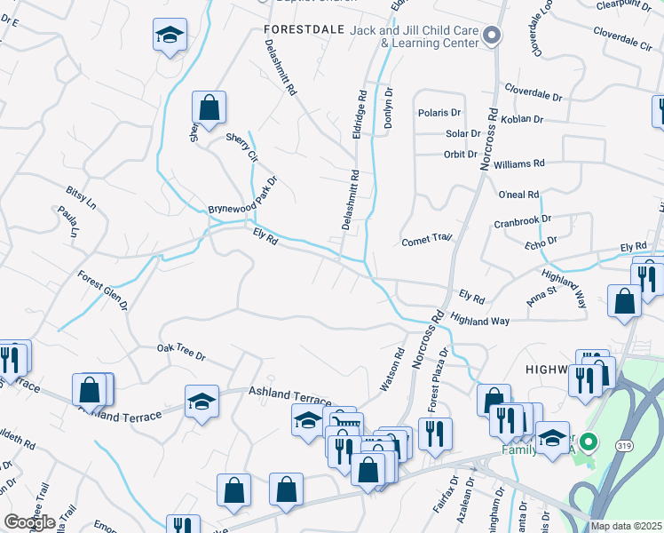 map of restaurants, bars, coffee shops, grocery stores, and more near 958 Ely Road in Chattanooga