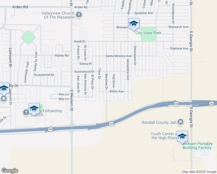 map of restaurants, bars, coffee shops, grocery stores, and more near 8401 Barstow Drive in Amarillo