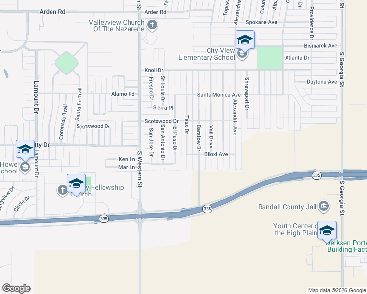 map of restaurants, bars, coffee shops, grocery stores, and more near 8400 Taos Drive in Amarillo