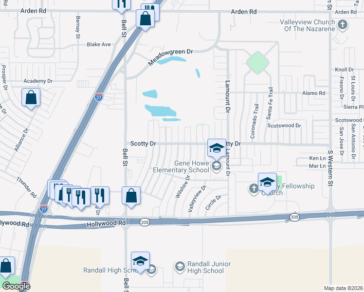 map of restaurants, bars, coffee shops, grocery stores, and more near 8310 Wilshire Drive in Amarillo